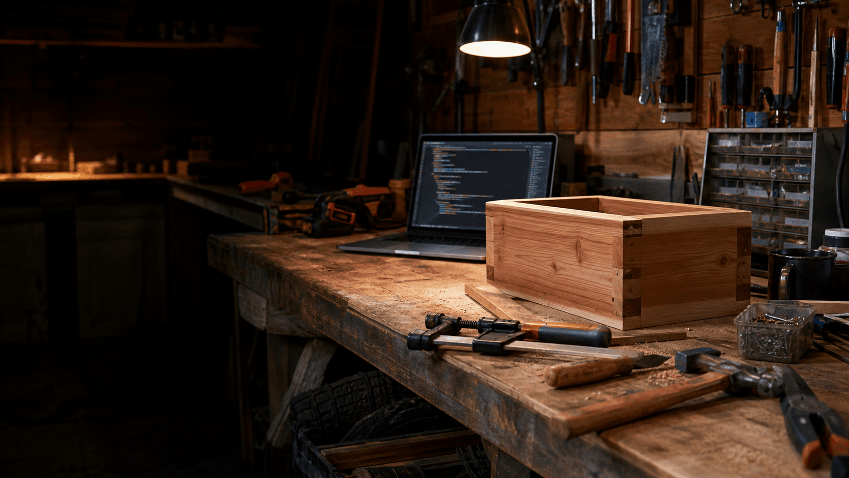 Cedar boards, tools, and a laptop on a workshop bench