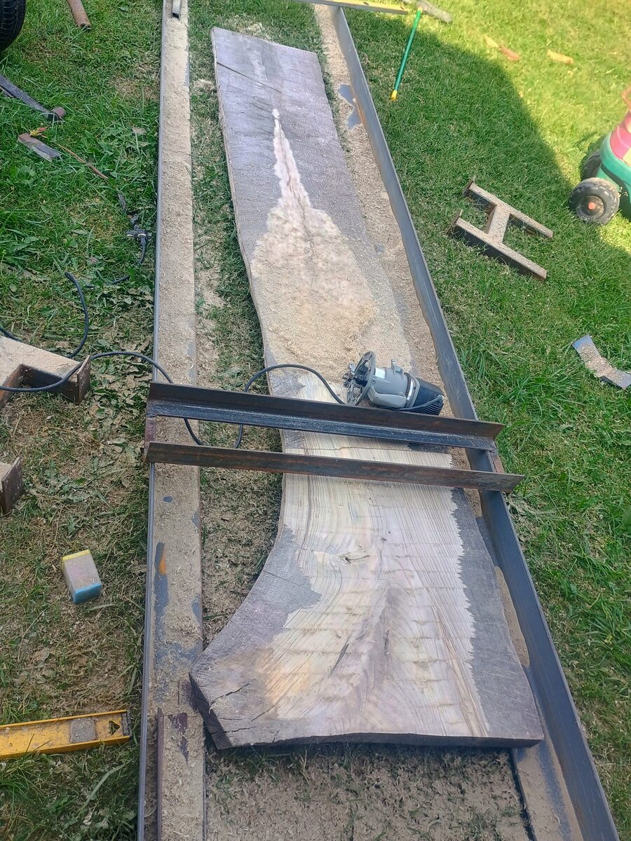 Router sled flattening the hackberry slab